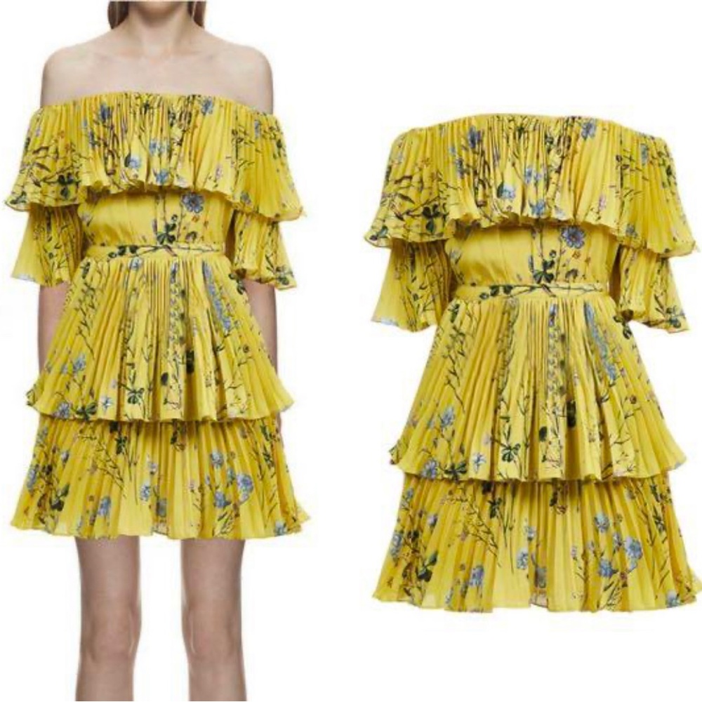 SELF PORTRAIT yellow pleated floral mini dress